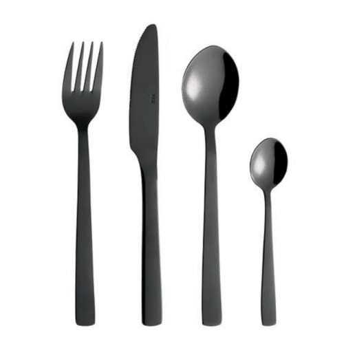 RAW Black coated aterinsetti sisältää mustat metalliset haarukat, lusikat ja veitset lahjapakkauksessa.