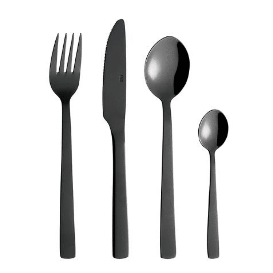RAW Black coated aterinsetti sisältää mustat metalliset haarukat, lusikat ja veitset lahjapakkauksessa.