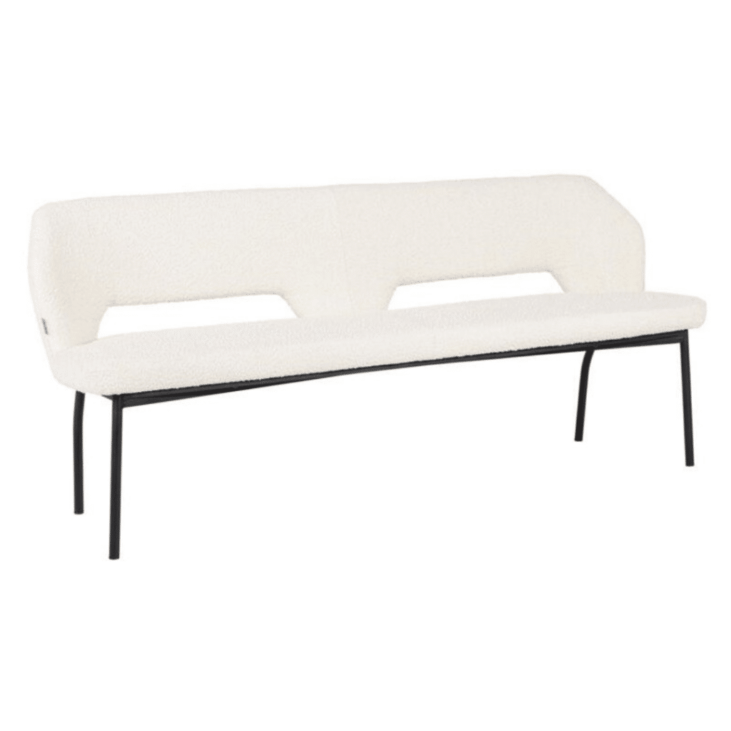 Bloom 190 penkki valkoisella boucle-kankaalla, sopii ruokapöytään. Elegantti design ja tukeva runko.