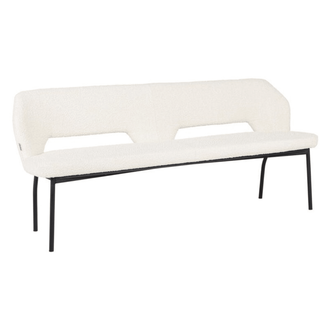 Bloom 190 penkki valkoisella boucle-kankaalla, sopii ruokapöytään. Elegantti design ja tukeva runko.