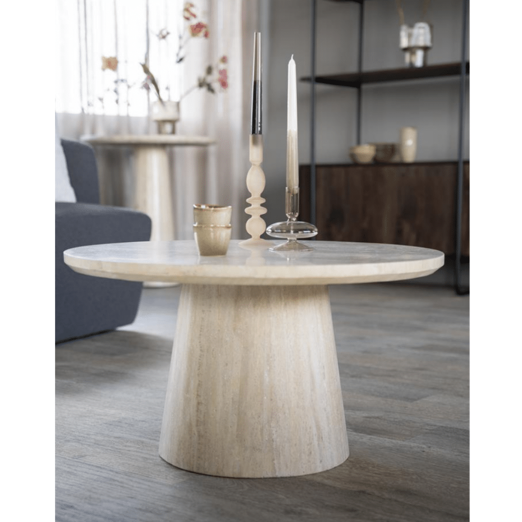 Aime pyöreä sohvapöytä, valkoinen travertiini, olohuone, elegantti design