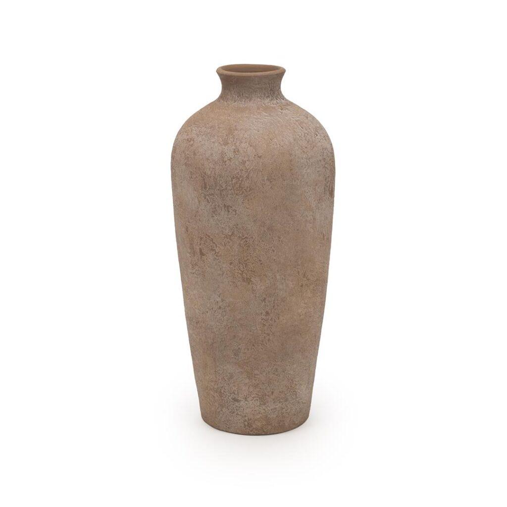 Korkea ruskea saviruukku, terracotta, moderni sisustuselementti kukille tai koristeeksi.