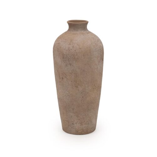 Korkea ruskea saviruukku, terracotta, moderni sisustuselementti kukille tai koristeeksi.