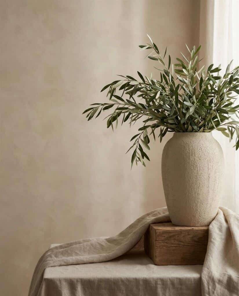 Linjakas beige saviruukku medium, luonnollinen materiaali, moderni sisustuselementti kukille